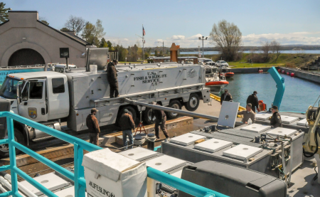 FWS staff loading juvenile lake trout onto MV Spencer Baird