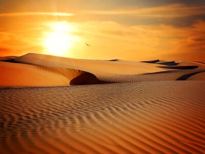 Moroccan desert landscape with sun set. Dunes background. photo