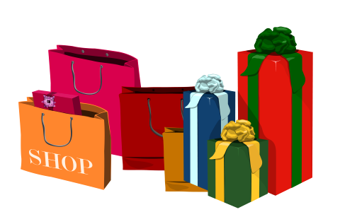 Various sizes of holiday shopping bags and gift boxes photo