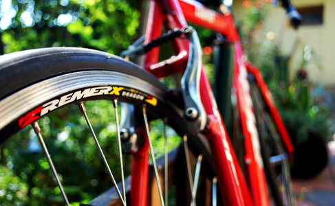 Rear Wheel of a Red Racing Bike photo