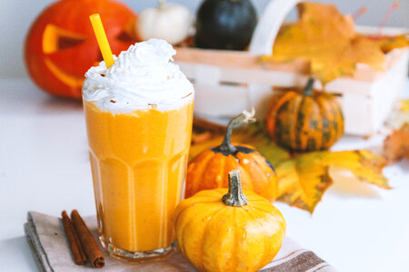 1 Pumpkin smoothie. Small pumpkins and drink on the white background photo