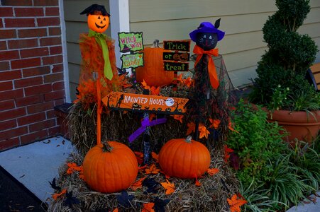 front door with Halloween decorations photo