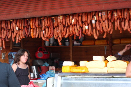 meat salami sausage at street market Puerto Montt in Chile