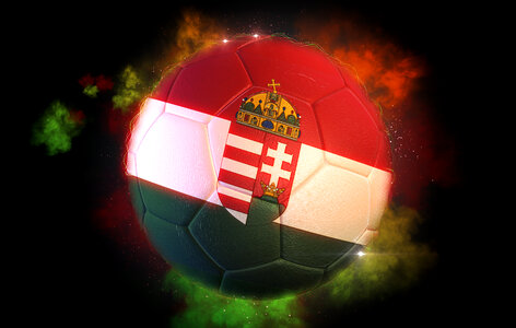 Soccer ball textured with flag of Hungary with Coat Of Arms