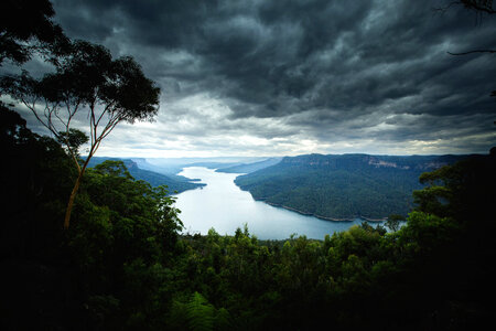 Lake overlook landscape under the heavy clouds photo