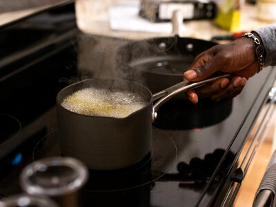 Man cooking with photo