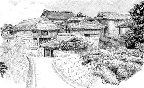 Japanese Castle Ink Drawing photo