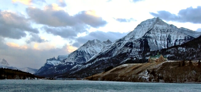 Mountains and Lake Landscape of Upper Waterton lake in Alberta, Canada photo