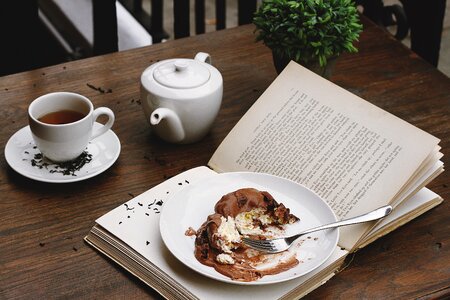 Cake, Tea & Book in Cafe photo