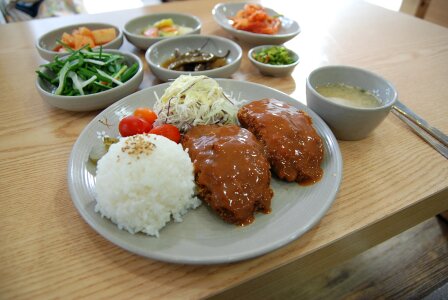Korean Marinated Pork, Close up Rice photo