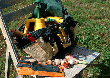 Garden tools on green grass background photo