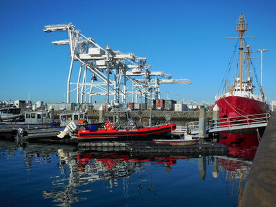 Oakland harbor with giant cranes or jack hammers photo