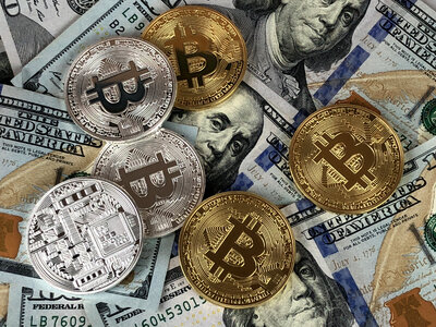 Hundred Dollar Bills and Bitcoin Coins photo