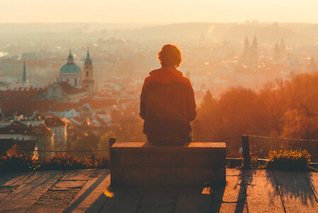 Prague in Fog, Young Man Sitting photo