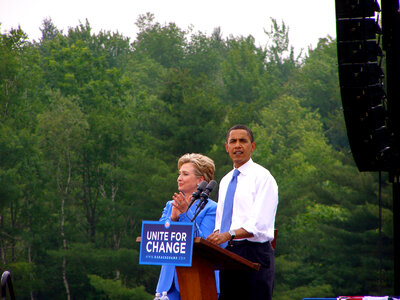Obama and Clinton doing a rally in Unity, New Hampshire photo