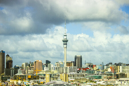 Skyline, sky, and clouds of Auckland, New Zealand photo