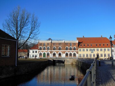 Moat old townhouse cobblestone street photo