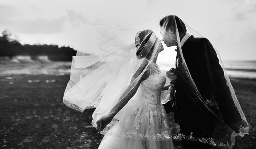 Bride and Groom Kissing under the Veil photo