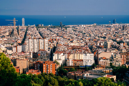 Cityscape view with ocean and buildings in Barcelona photo