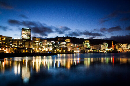 Night Skyline on the waterfront in Wellington, New Zealand photo