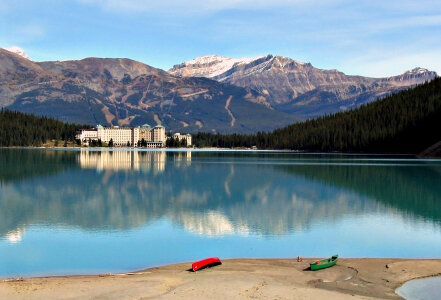 Lake Louise Landscape with mountains and resort photo