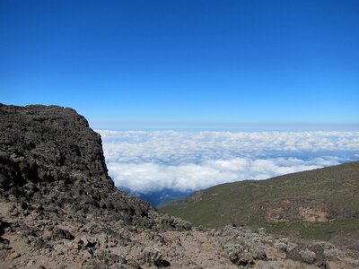 Kilimanjaro mountain Tanzania snow capped under cloudy blue skies photo