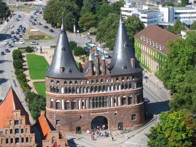 Aerial view Holstentor of Luebeck, Germany