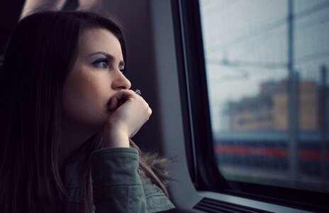 Girl Looking Out the Window Sitting at Train photo