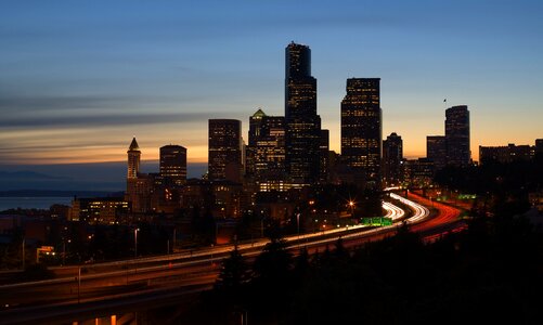 Seattle Highways and Skyline at Sunset photo