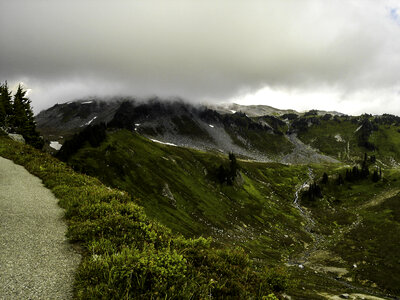 Fog over the hills from the trail at Mount Rainier National Park, Washington
