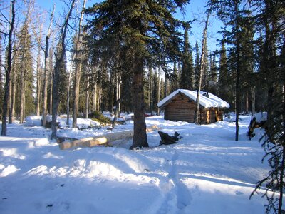 Log cabin winter snow