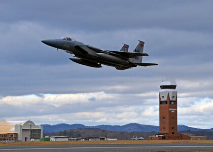 An F-15 Eagle takes off photo