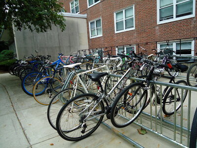 Bikes in a bike rack photo