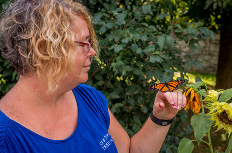 Monarch butterfly on woman's hand-1
