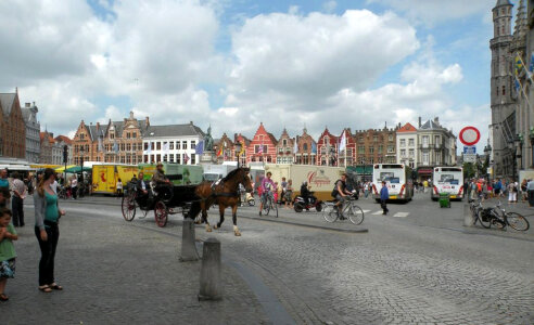 Belgique with horse carriage and streets in Brussels, Belgium photo