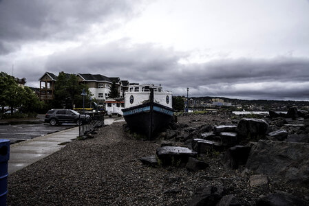 Boat food stand under cloudy skies in Duluth, Minnesota