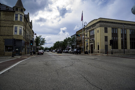 Street with buildings on the side with clouds in Mount Horeb, Wisconsin