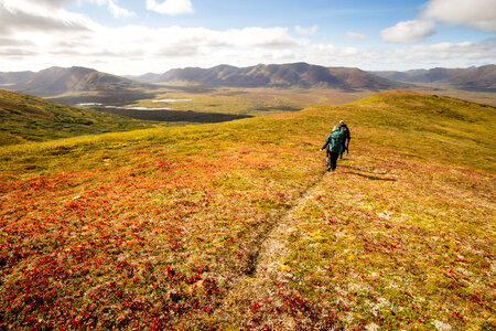 Research volunteers hike along a ridge above North Frazer