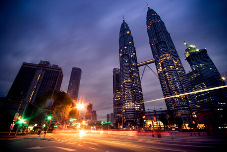 Night time view of Petronas Twin Towers in Kuala Lumpur, Malaysia