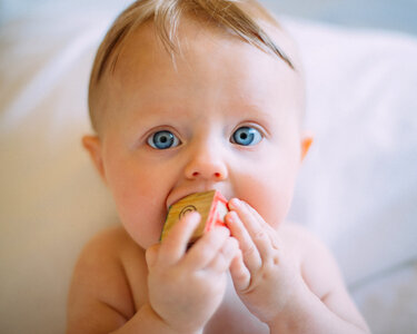 Little Boy with Blue Eyes Playing with a Wooden Block photo