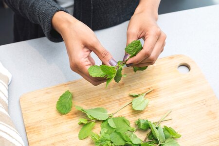 mint leaves being ripped on a cutting board photo