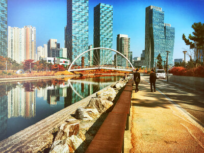 Incheon cityscape and walkway with bridge in South Korea