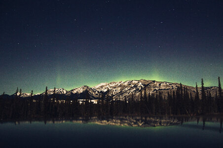 Night landscape, reflection, and Aurora in Jasper National Park, Alberta, Canada photo