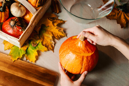 1 Girls hands carve the pumpkin. Halloween. photo