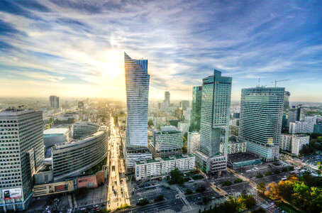 Bright sun over the city of Warsaw, Poland