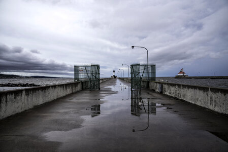 Walk to the Light House in Duluth, Minnesota under cloudy skies