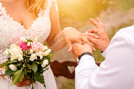 Close up Groom Put the Wedding Ring on bride. Romantic atmosphere photo