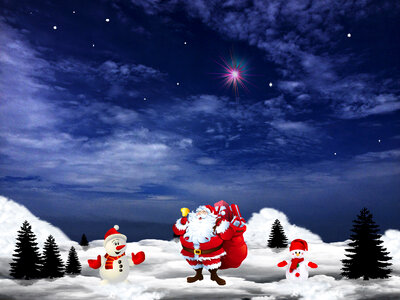 Santa Claus and two snowmen on Christmas Eve photo