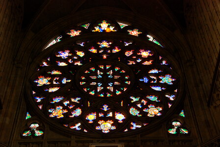 Colorful church window in St. Vitus cathedral, Prague