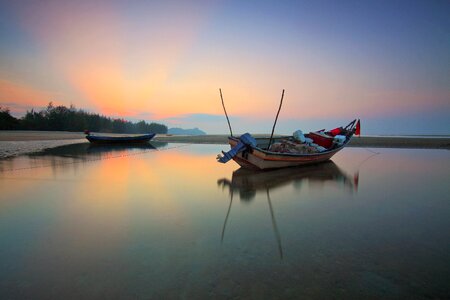 Fishing Boat Still Water Sunset photo